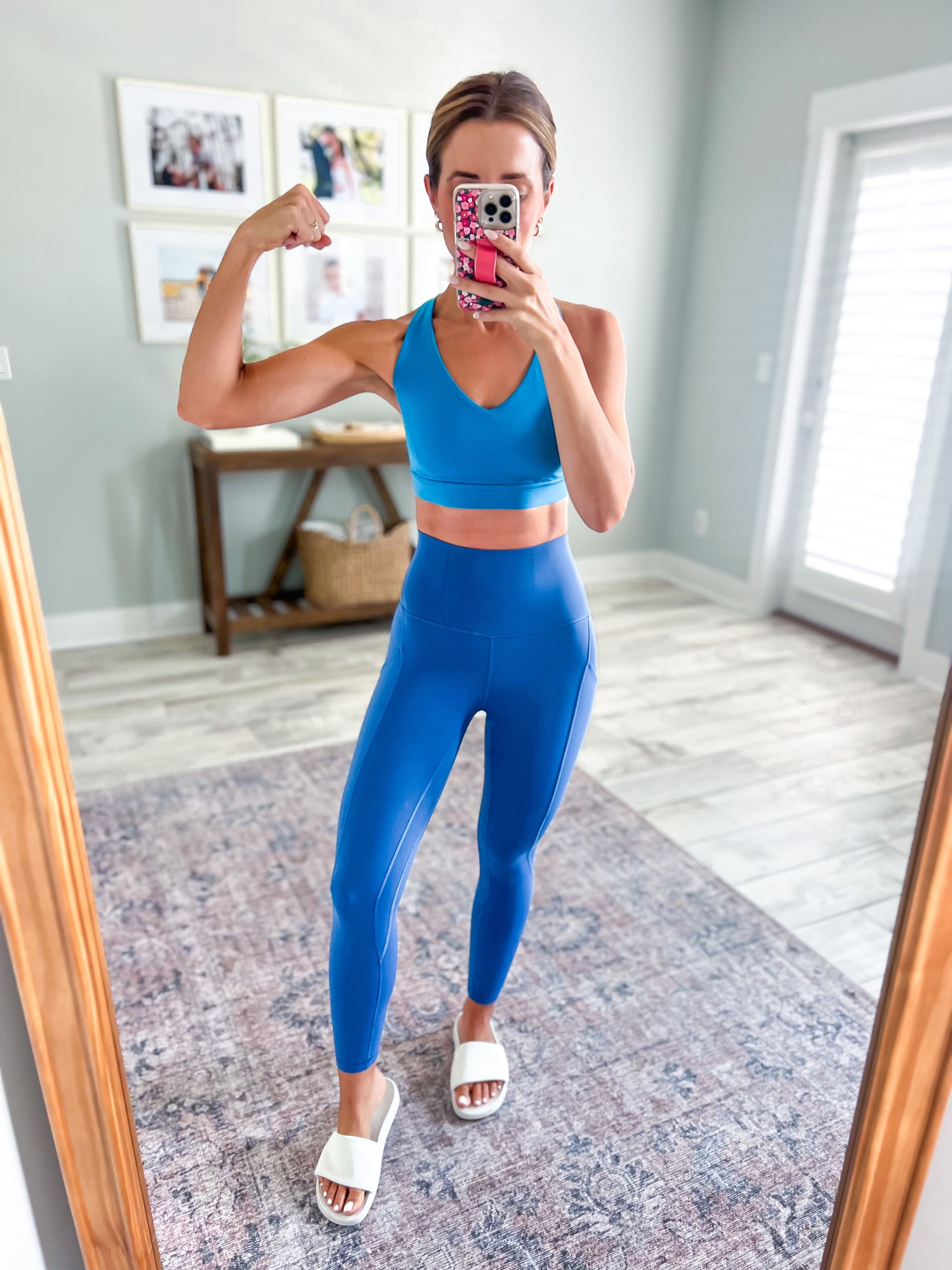 Lululemon sports bra on sale (sz 4, Hawaiian blue). Lululemon align 23 with pockets (sz 0, pitch blue). Barre outfit. Yoga outfit. Gym outfit. Weightlifting outfit. Lululemon slides (size up if you are a half size). 

#LTKfitness #LTKunder50 #LTKshoecrush