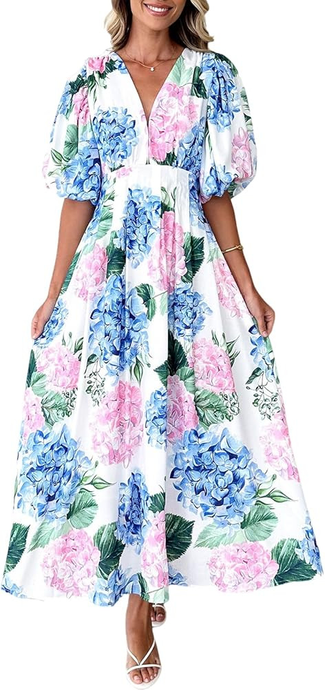 Sissyaki Women's Boho Floral Midi Dress Smocked Beach Flowy Dress | Amazon (US)