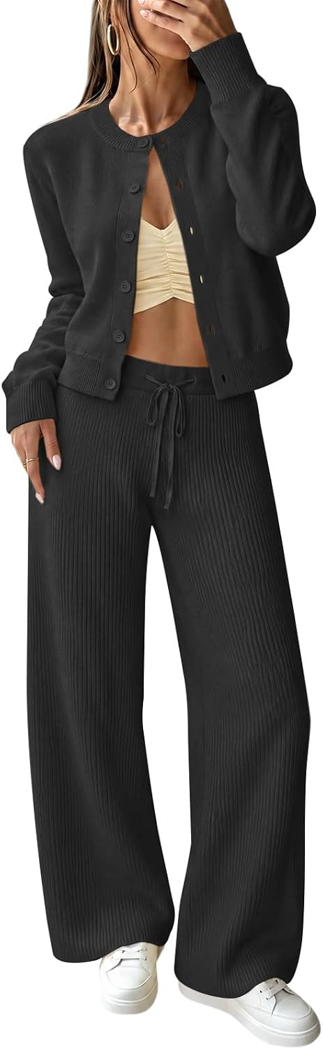 Tankaneo Womens 2 Piece Outfits Lounge Sets Cropped Cardigan Sweater Sets | Amazon (US)