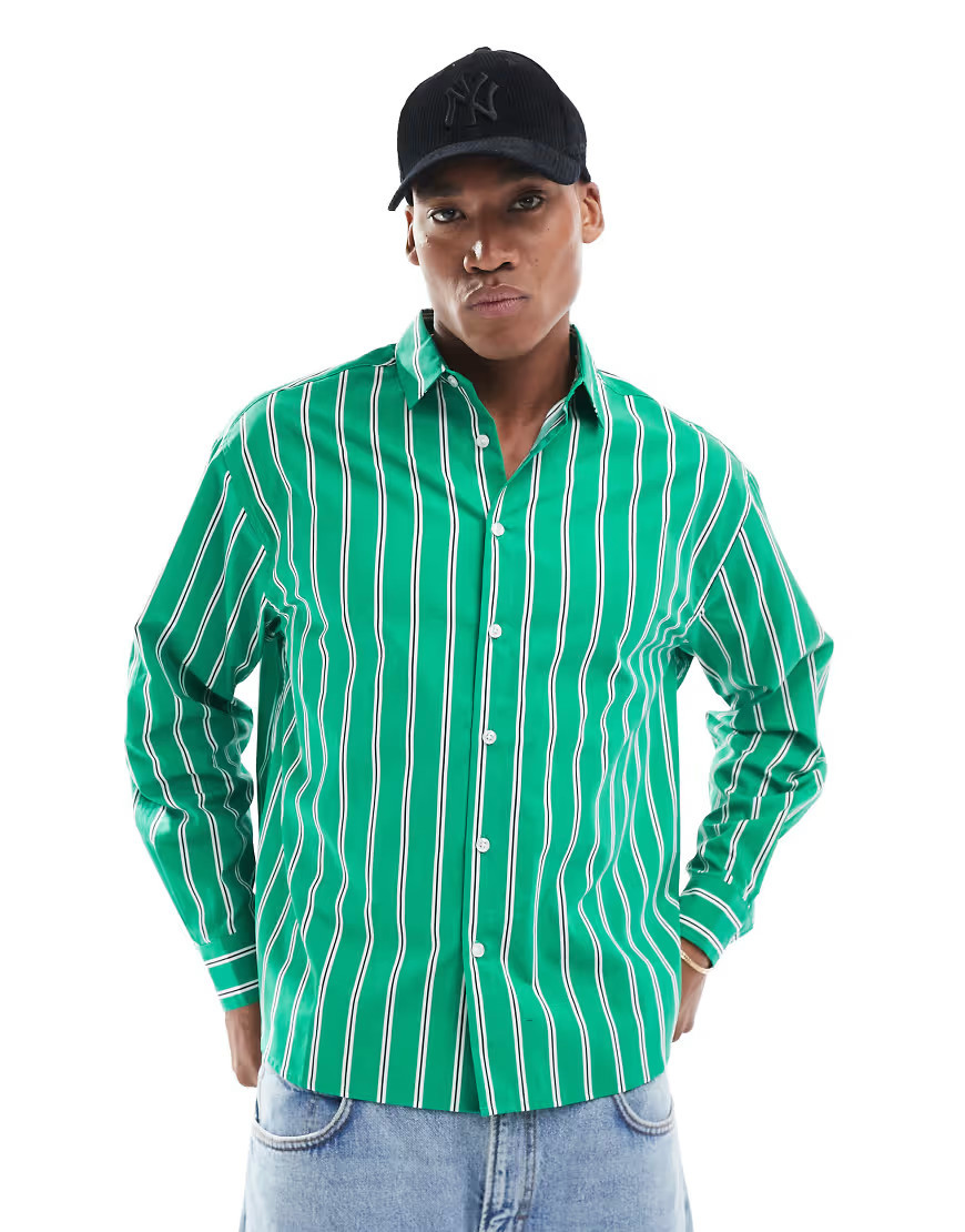 ASOS DESIGN oversized poplin shirt in green pinstripe | ASOS (Global)