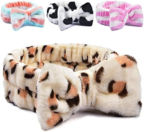Fuzzy Makeup Headband, IKOCO 4PS Spa Headband for Washing Face, Soft Coral Fleece Bow Hair Band For  | Amazon (US)