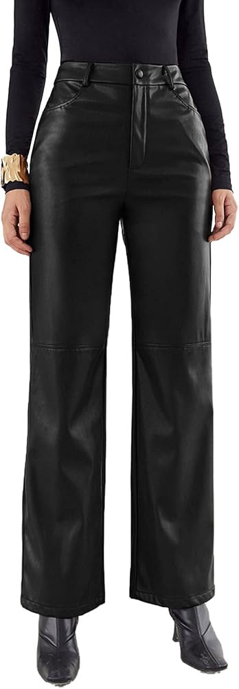 MakeMeChic Women's Faux Leather Pants Straight Wide Leg Leather Pants | Amazon (US)