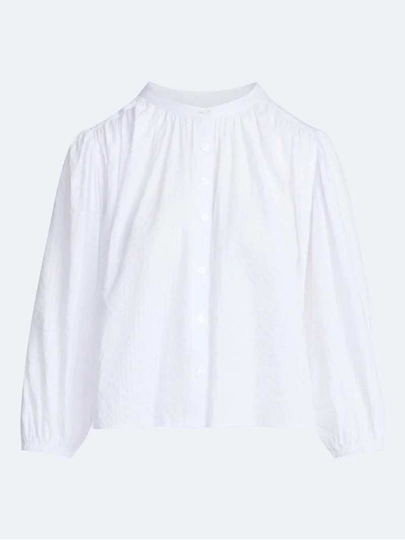 Free Assembly Women's Shirred Cotton Button Down Blouse with Long Sleeves, Sizes XS-XXL | Walmart (US)