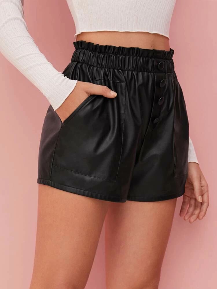 SHEIN Paperbag Waist Button Detail Faux Leather Shorts | SHEIN