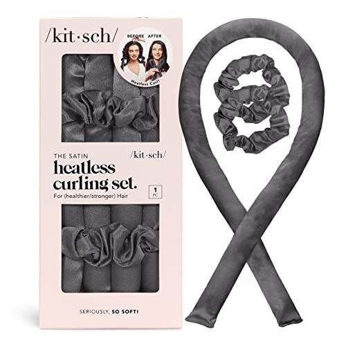Kitsch Satin Heatless Curling Set – Heatless Hair Curler for Women, Hair Curler to Sleep In - with 2 Satin Scrunchies for Overnight Curls – No Heat Damage Styling with Heatless Curler - Charcoal | Amazon (US)