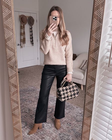 Holiday outfit on sale with faux leather pants and half zip sweater 

#LTKHoliday #LTKsalealert #LTKSeasonal