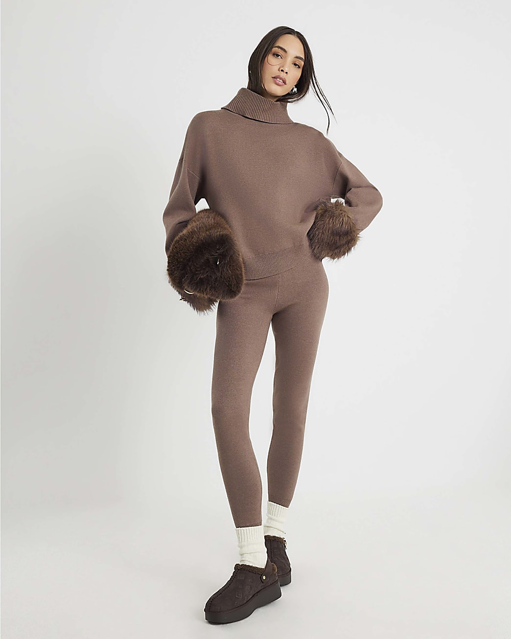 Brown Slim Knitted Jogger Trousers | River Island UK & IE