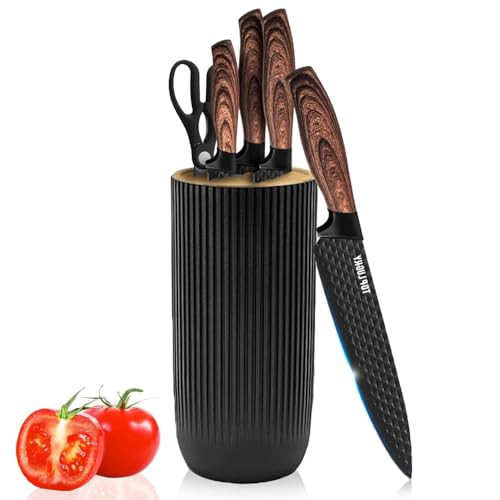 Knife Set, 6-Piece Professional Black Knives Set for Kitchen with Universal Knife Block - Sharp, Non-Stick, Anti-Rust Stainless Steel, Ergonomic - Ideal for Chef Cooking | Amazon (US)