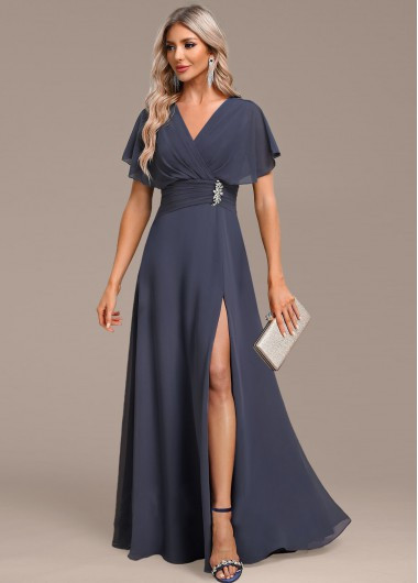 Dark Grey Split Maxi Short Sleeve V Neck Dress | modlily.com - USD 48.98 | modlily.com