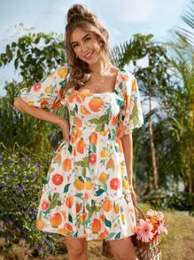 Allover Fruits Print Puff Sleeve Flounce Hem Dress
   SKU: swdress23210525347     US$12.99 
     ... | SHEIN