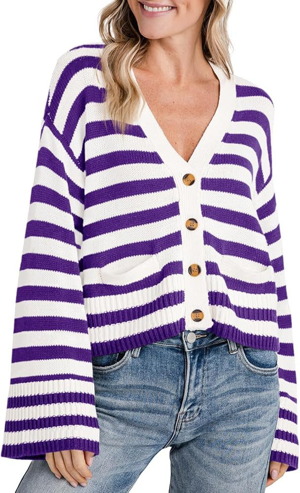 Saodimallsu Womens Striped Cardigan Sweaters Cropped Fall Button Open Front Long Sleeve Knit Swea... | Amazon (US)