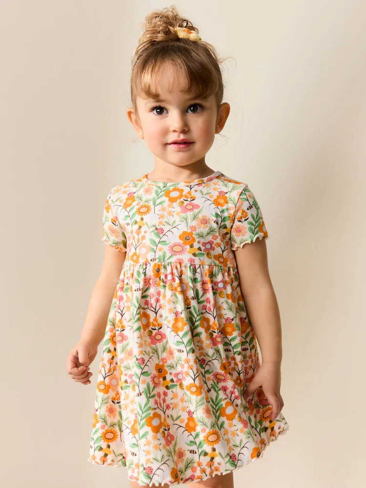 Orange Floral Short Sleeve Ribbed Dress (3mths-7yrs) | Next US