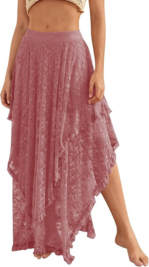 YKR Womens Lace Long Skirts Elastic Asymmetrical Layered Hem Sexy See-Through Flowy Skirts Floral... | Amazon (US)
