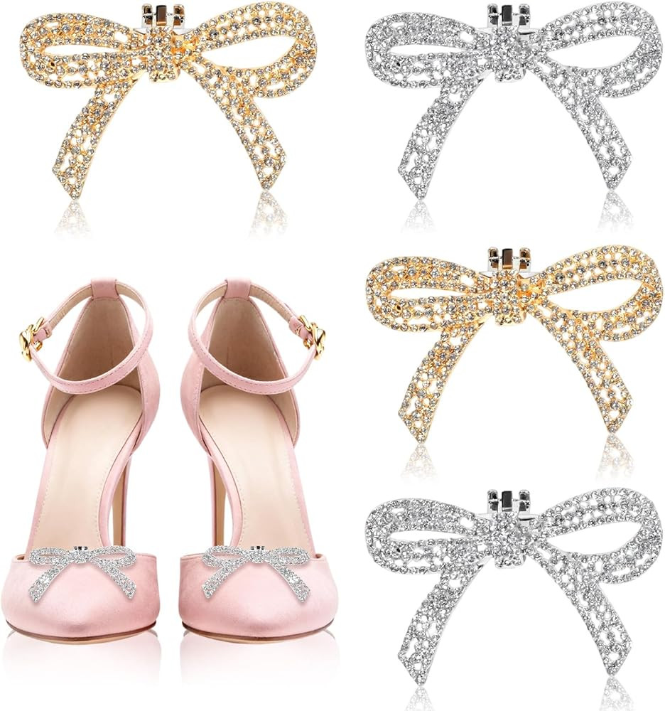 Crystal Bow Shoe Clips 4 Pcs Detachable Rhinestone Bow Heels Accessories Women Heel Bling Charms ... | Amazon (US)