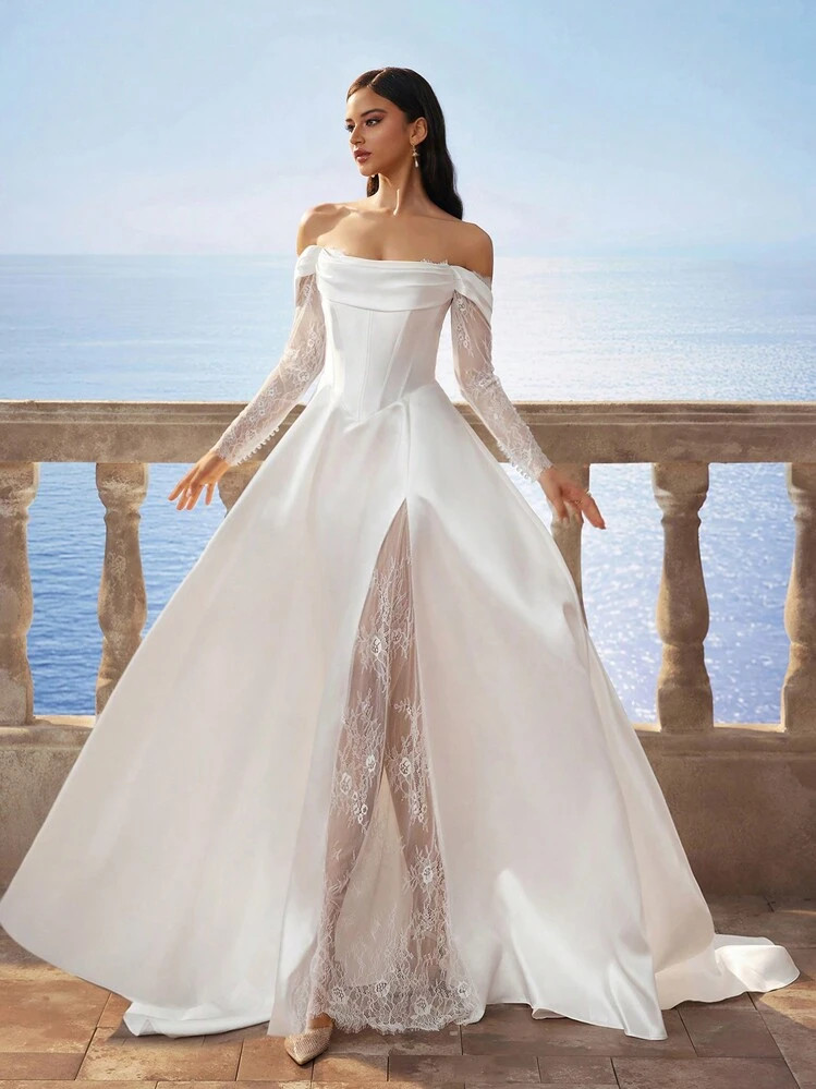 HEARBOBO Solid Color Vintage Satin Off-The-Shoulder Simple Chiffon Split Thigh Long Dress, Contrast Lace Wedding Dress | SHEIN