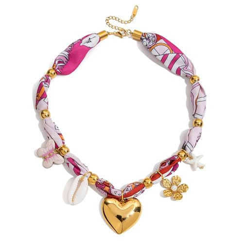 MURNA KARE Boho Scarf Choker Necklace with Charms - Pink Ribbon Heart Shell Starfish Flower Necklace, Bandana Charm Choker with Heart Shell Starfish Flower Pendants, Summer Boho Beach Jewelry Gifts | Amazon (US)