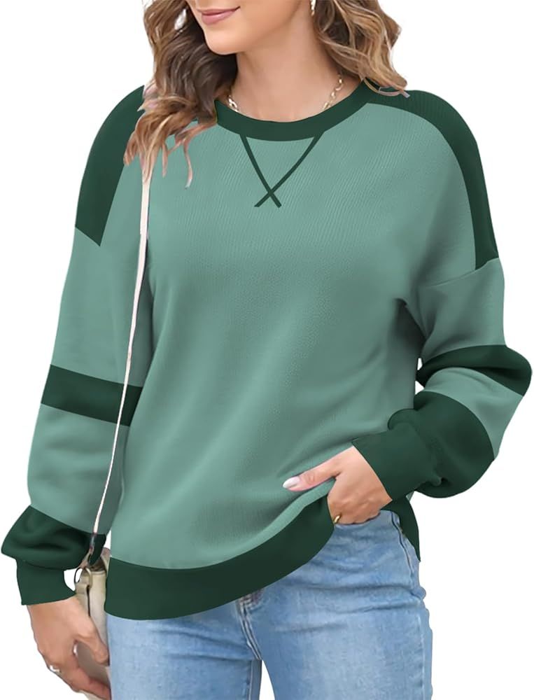 Womens Oversized Striped Sweaters Color Block Long Sleeve Crew Neck Sweater Casual Loose Pullover... | Amazon (US)