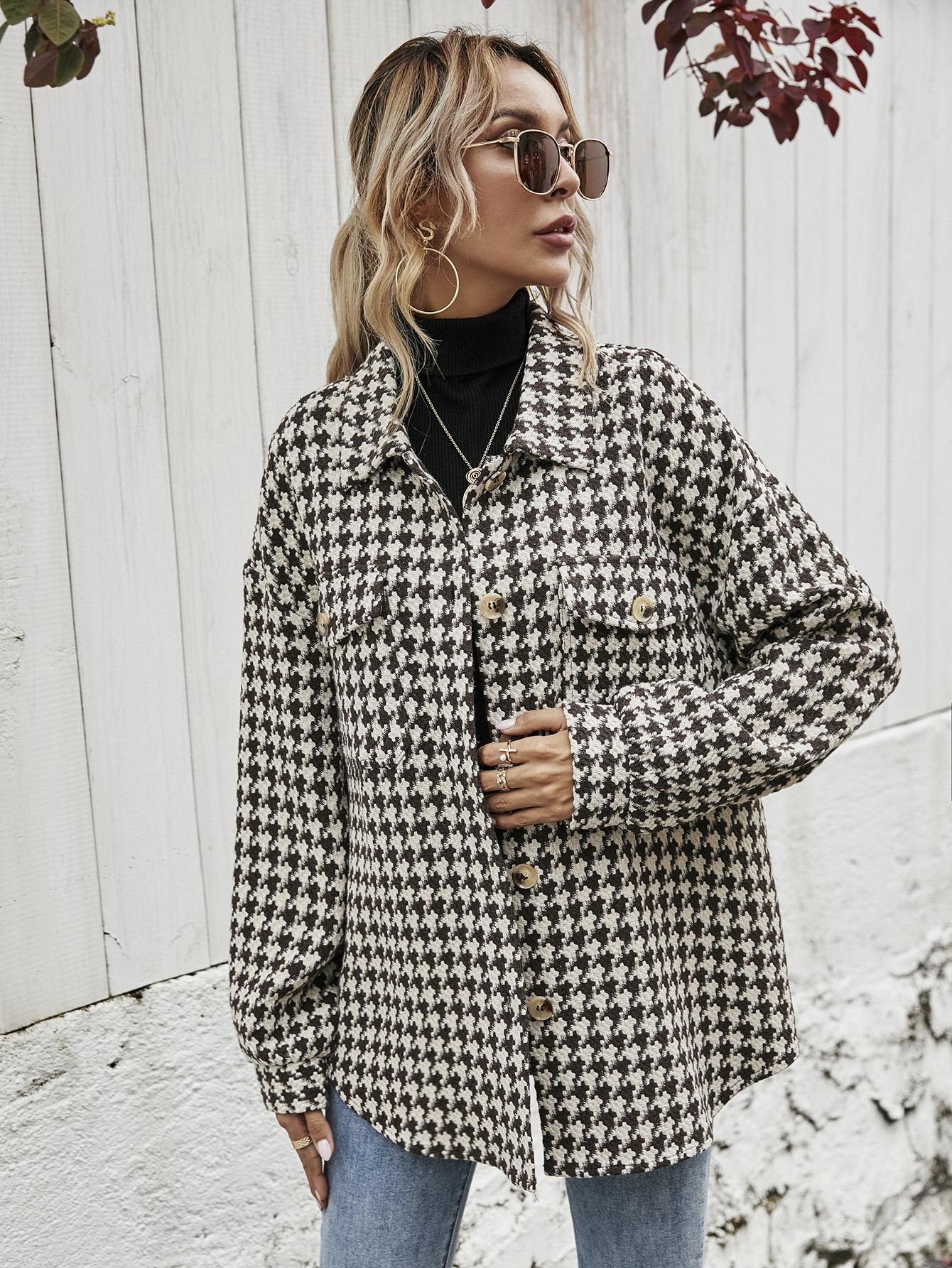 Houndstooth Drop Shoulder Oversized Tweed Coat | SHEIN