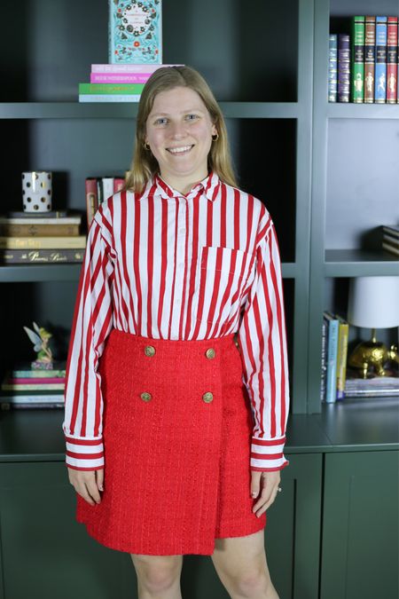 Red striped poplin shirt and tweed red skirt  

#LTKworkwear