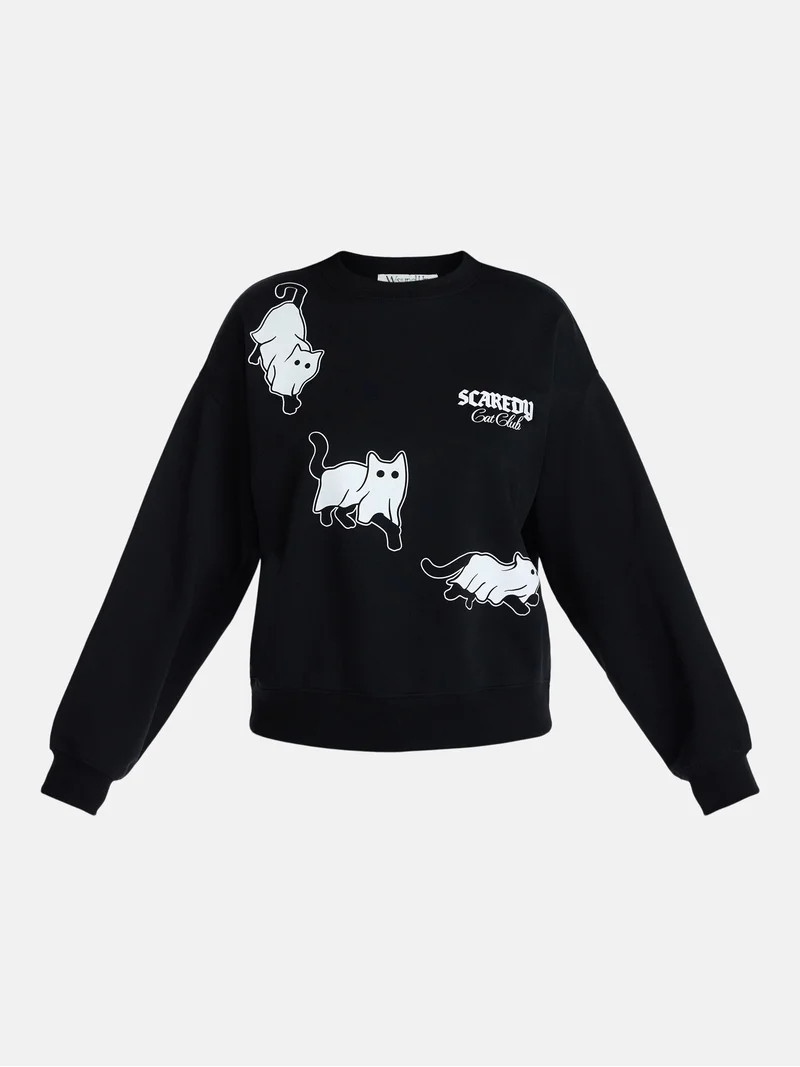Scaredy Cat Club Women's Halloween Graphic Crew Pullover, Sizes XXS-XXL | Walmart (US)