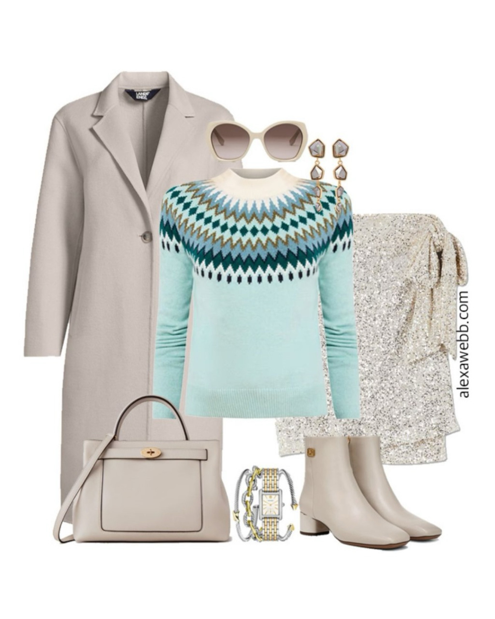 Plus Size Teal Fair Isle Sweater Outfits - The perfect look for a holiday party! A plus size Fair Isle sweater is paired with a silver sequin skirt, grey ankle booties and a satchel bag. Alexa Webb #plussize

#LTKSeasonal #LTKStyleTip #LTKPlusSize