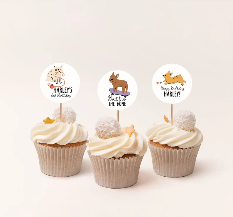 Puppy Cupcake Toppers Printable Dog Birthday Decor Bad Two the Bone Party Theme Cake Decorations ... | Etsy (US)