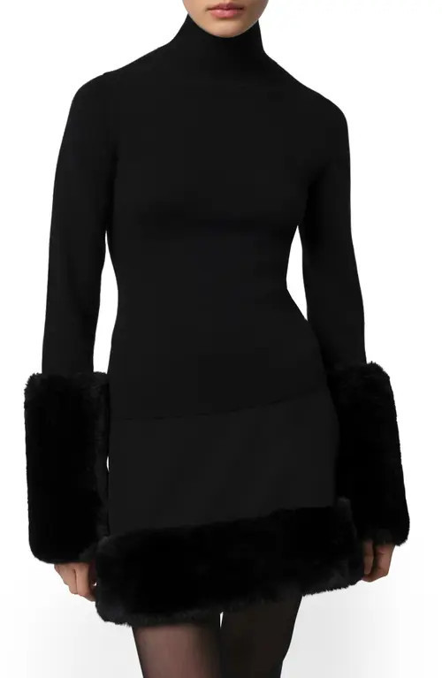 Apparis Pluche™ Faux Fur Cuff Turtleneck Sweater in Noir /Noir at Nordstrom, Size Small | Nordstrom