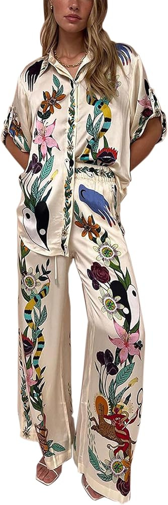 Peaceglad Women's Summer Print Two Piece Pajama Set Short Sleeve Button Down Tops Drawstring Long... | Amazon (US)