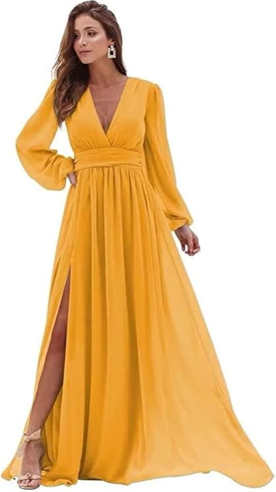 Woman V Neck Long Sleeve Bridesmaid Dresses with Slit Chiffon Ruched A Line Formal Prom Dresses E... | Amazon (US)