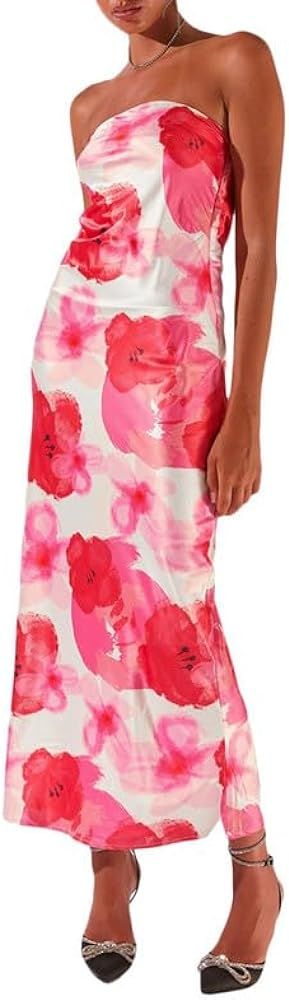 Women’s Floral Tube Maxi Dress Printed Strapless Bodycon Long Dress Off Shoulder Tie Dye Split ... | Amazon (US)