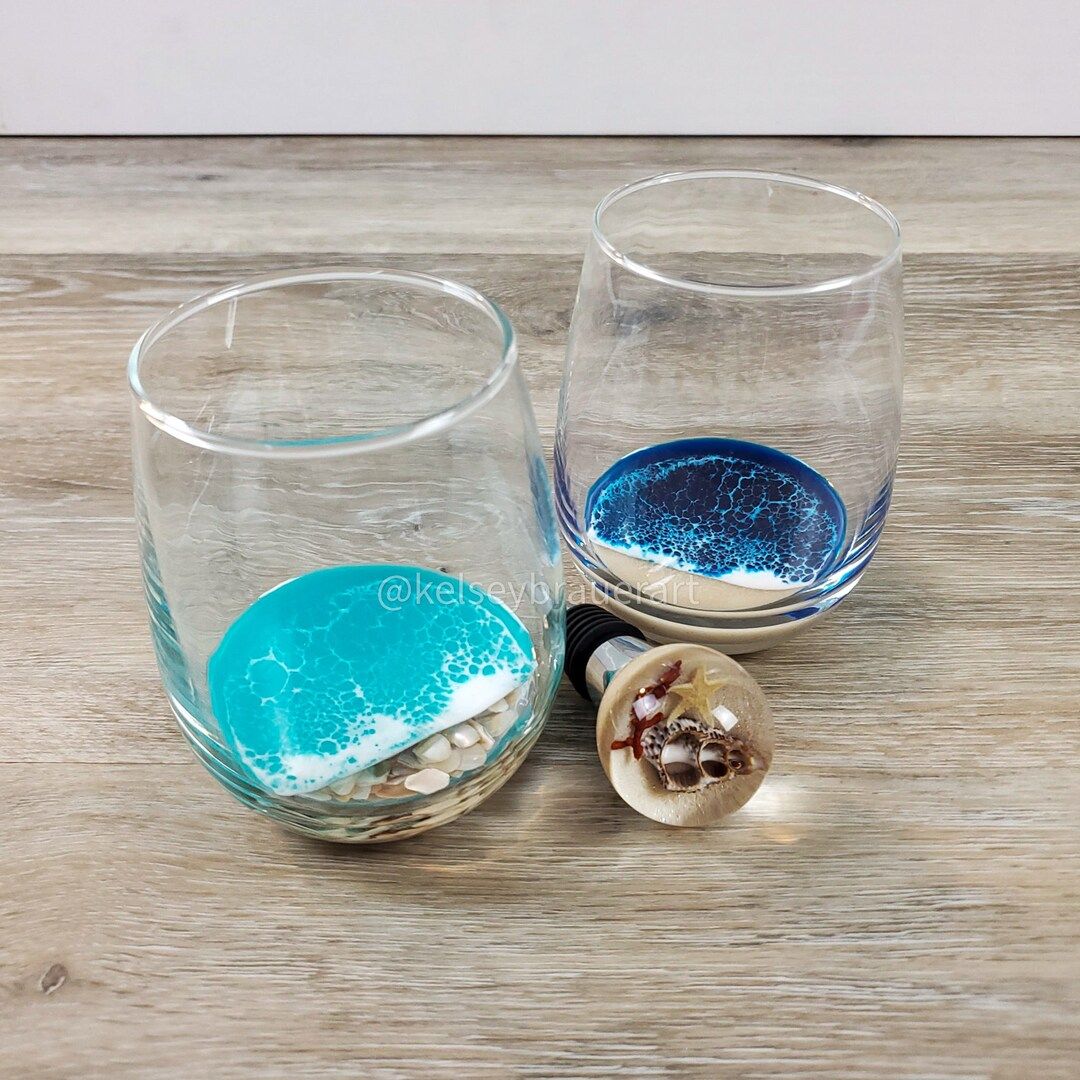 Beach Stemless Wine Glass, Ocean Wave Wine Glass, Cocktail Glasses, Resin Beach Art | Etsy (US)
