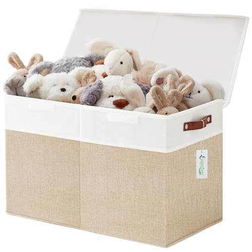 Bagnizer Large Toy Storage Box with Lids, Collapsible Sturdy Baby Storage Organizer Chest Bin Basket for Kids, Boys, Girls, Playroom, Nursery, Bedroom, Closet 25"x13"x16" (Beige and White) | Amazon (US)
