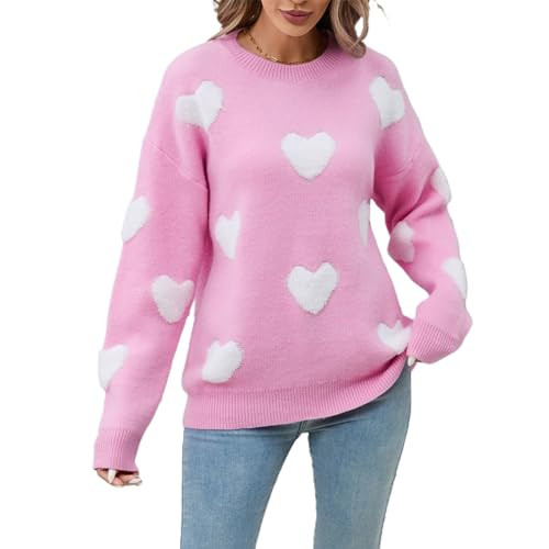 Women's Cute Heart Sweater Crewneck Long Sleeve Oversized Love Sweaters Pullover Tops Valentine's Day Knit Sweatshirts (Pink White, XL) | Amazon (US)
