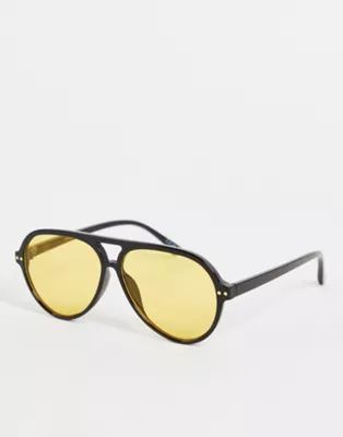 Jeepers Peepers oversized aviator sunglasses in black with yellow lens | ASOS (Global)