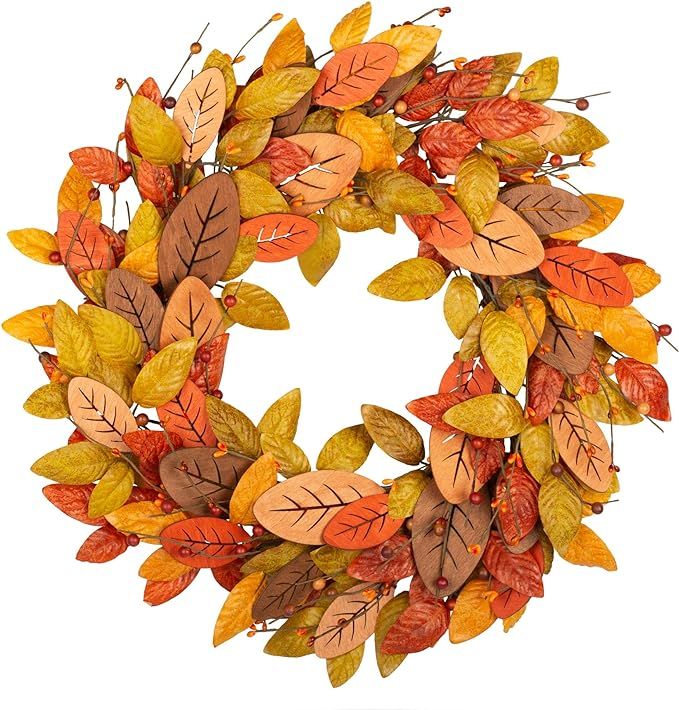 18 Inch Fall Wreath Front Door Wreath Fall Decorations with Wood and Silk Autumn Leaves Harvest ... | Amazon (US)