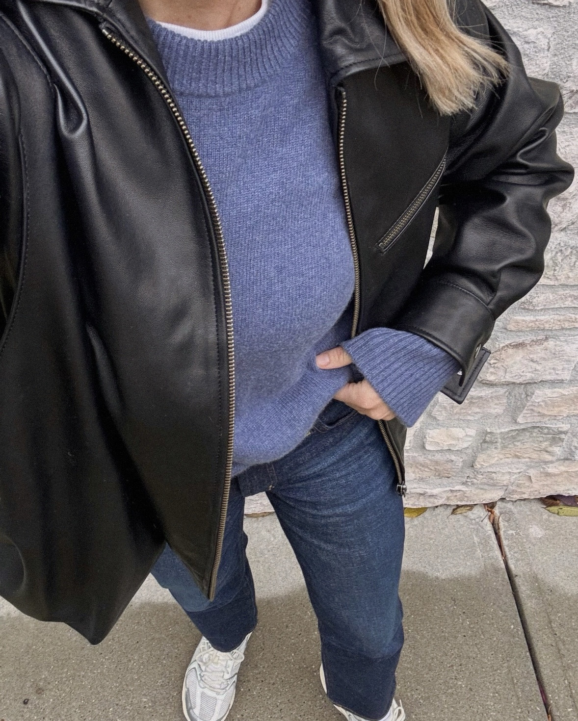 Comfy and casual fall outfit with leather bomber jacket, cashmere sweater, Citizens Anissa jeans, new balance 530s - get 20% off jeans and sneakers with your first Aritzia in-app purchase!! (App launched yesterday) 

#LTKSeasonal #LTKSaleAlert #LTKShoeCrush
