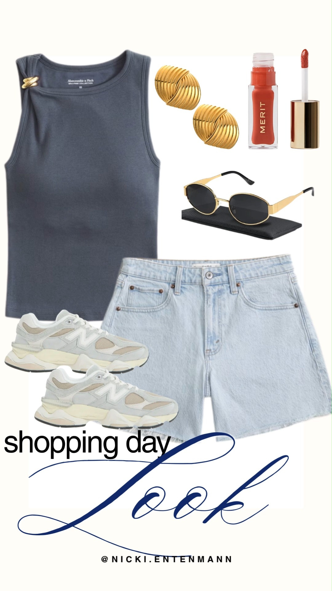 Stay comfortable and stylish for your next retail therapy trip with this effortless shopping day look from shopping daylook n.jpg. This casual ensemble pairs a chic grey ribbed tank top featuring gold hardware details with high-waisted, light-wash denim shorts. Complete the outfit with sporty New Balance sneakers, chunky gold statement earrings, retro sunglasses, and a swipe of Merit lip gloss.

#shoppingday #casualoutfit #everydaylook #streetstyle #abercrombie #newbalance #meritbeauty #denimshorts #summerstyle #casualchic 

 #LTKootd #LTKmomlife #LTKTravel