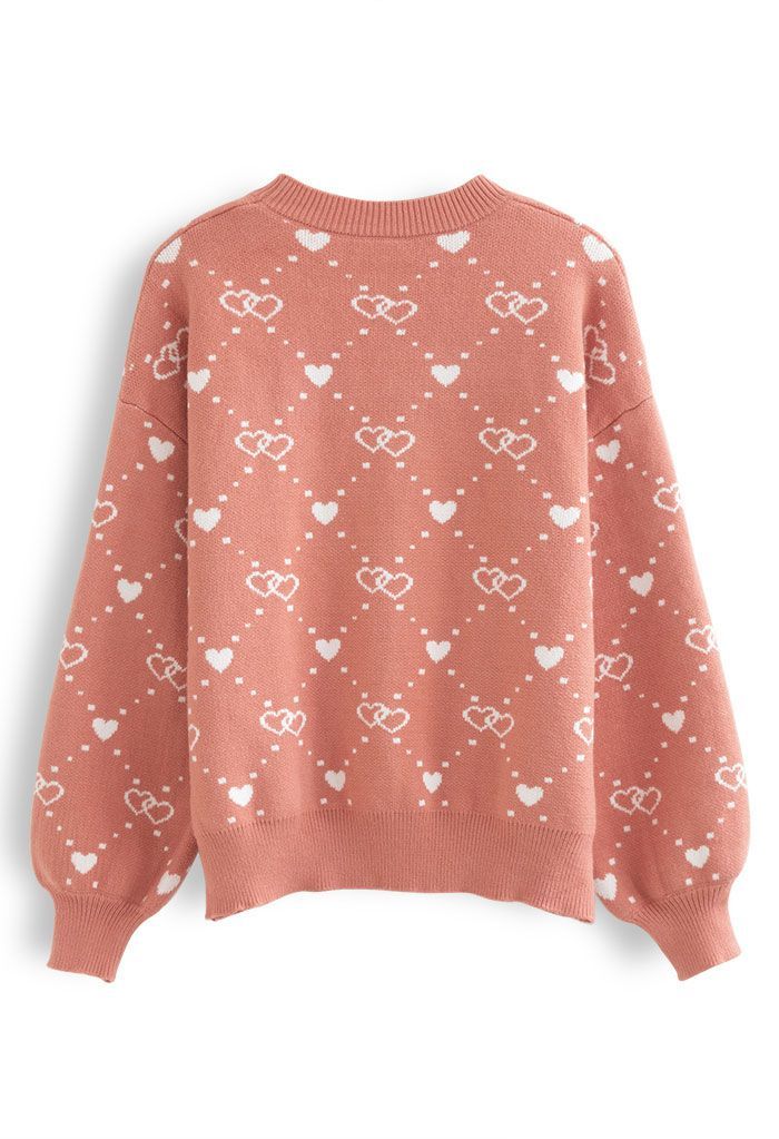Coral Double Hearts Round Neck Knit Sweater | Chicwish
