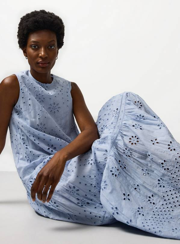 Buy Light Blue Broderie Detail Sleeveless Smock Dress 14 | Maxi | Tu | Tu Clothing