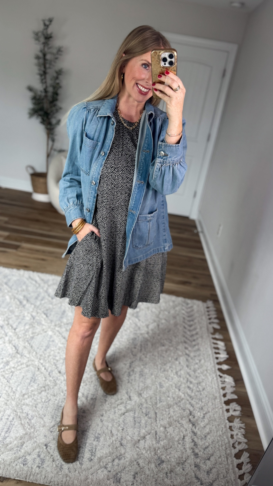 Daily try on, Walmart outfit, Walmart fashion, Walmart style, polka dot dress, chore jacket

#LTKootd