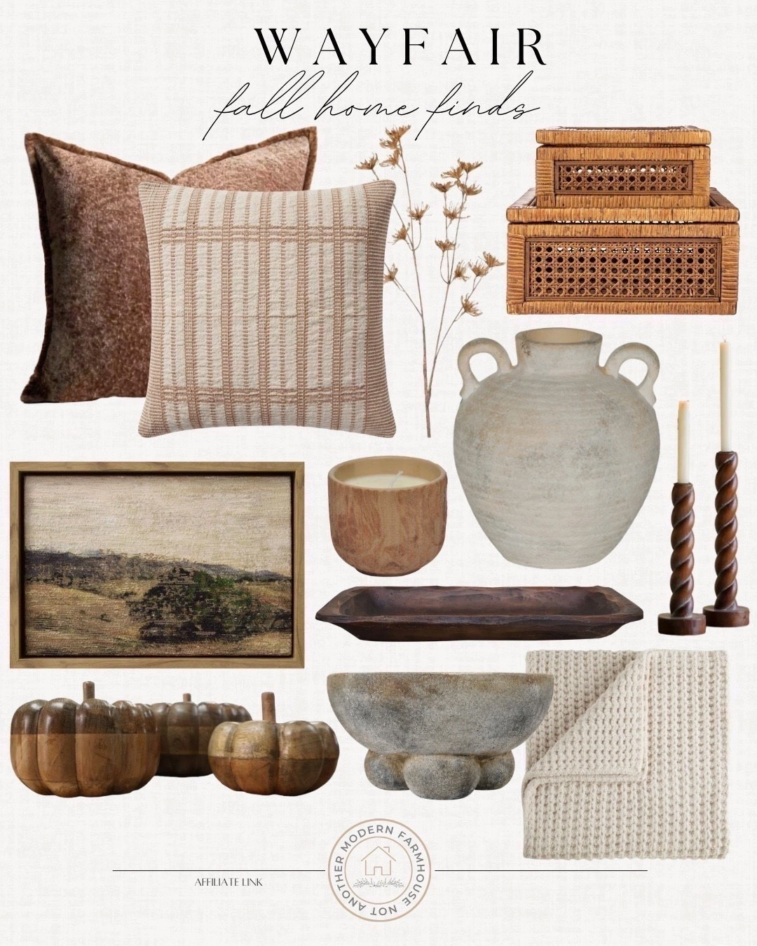 Wayfair fall home finds include throw blanket, decorative bowl, pumpkins, vase, tray, candle stick holder, wall art, decorative boxes, stems, and throw pillows.

Home decor, looks for less, fall home, cozy home, neutral decor

#LTKHome #LTKSaleAlert #LTKSeasonal