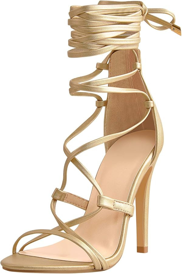 Richealnana Women's Lace Up Gladiator Crisscross Stiletto Heel Strappy Sandals | Amazon (US)