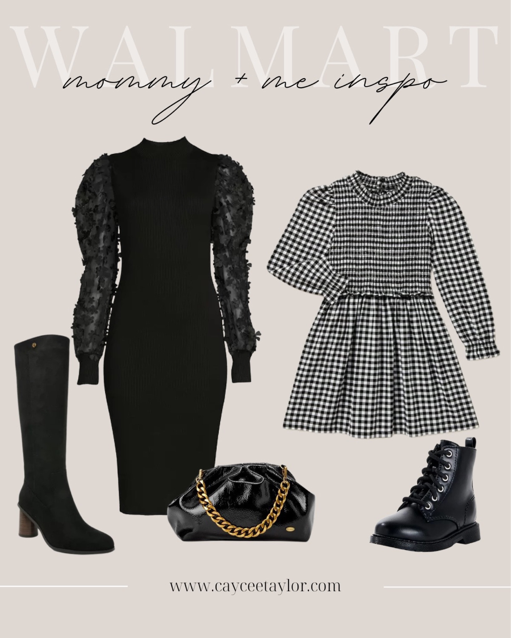 walmart fashion finds - mommy and daughter outfits - mommy and me holiday - leather and gold chain purse - black heeled boots - tall black boots - black dress - black dress with floral sleeves 

#LTKstyletip #LTKfit #LTKHoliday