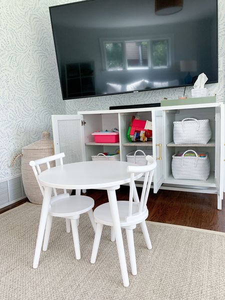 Playroom storage, media cabinet, toddler table and chairs, baskets 

#LTKkids #LTKhome