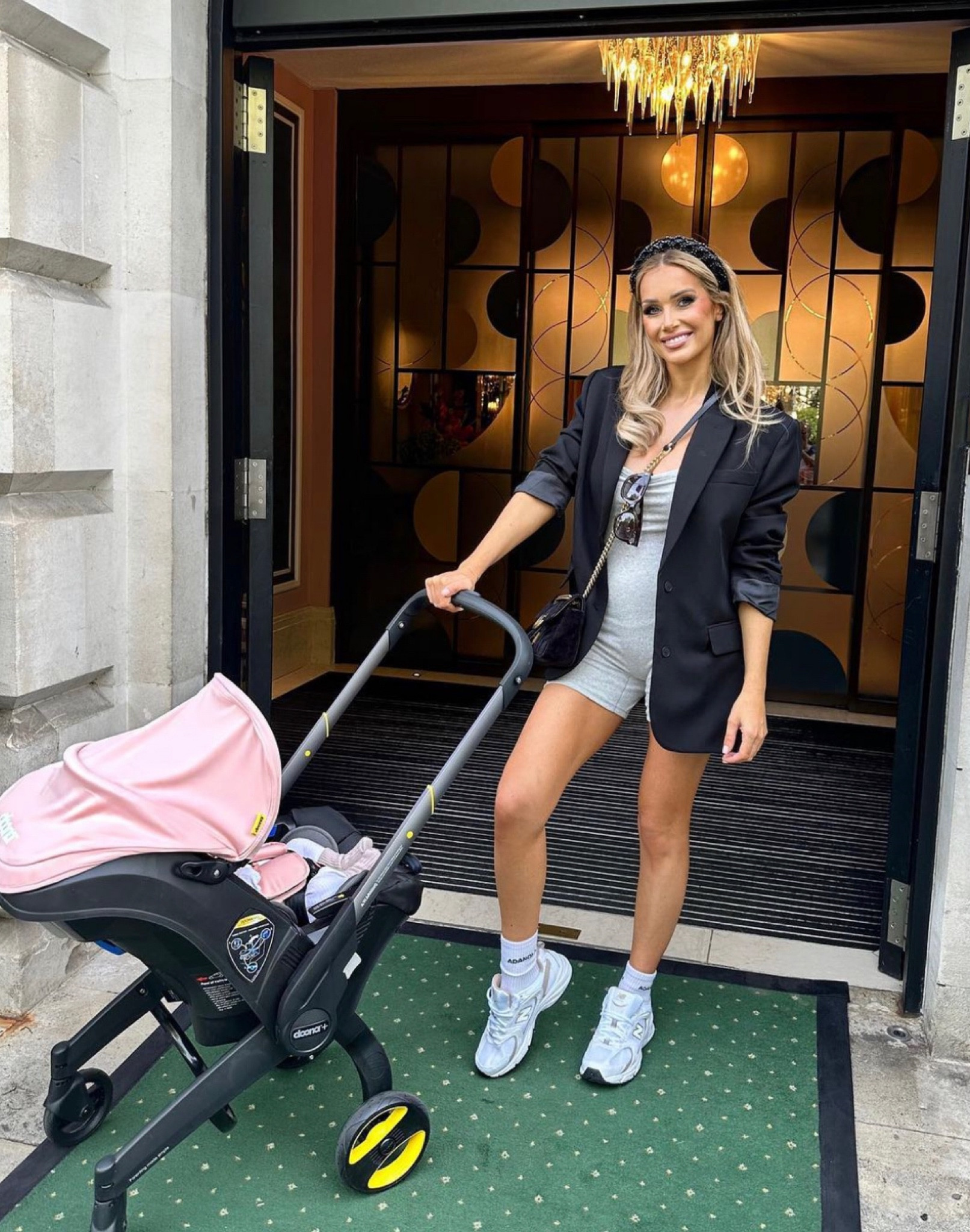 Black blazer, grey unitard, New Balance trainers, Adanola, transitional outfit, new mum outfit, pink and black pram, buggy, new baby, baby essentials 

#LTKeurope #LTKstyletip #LTKbaby