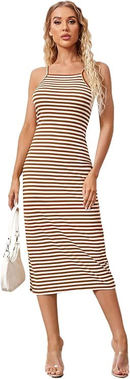 SheIn Women's Striped Sleeveless Strappy Bodycon Rib Knit Long Maxi Cami Dress | Amazon (US)