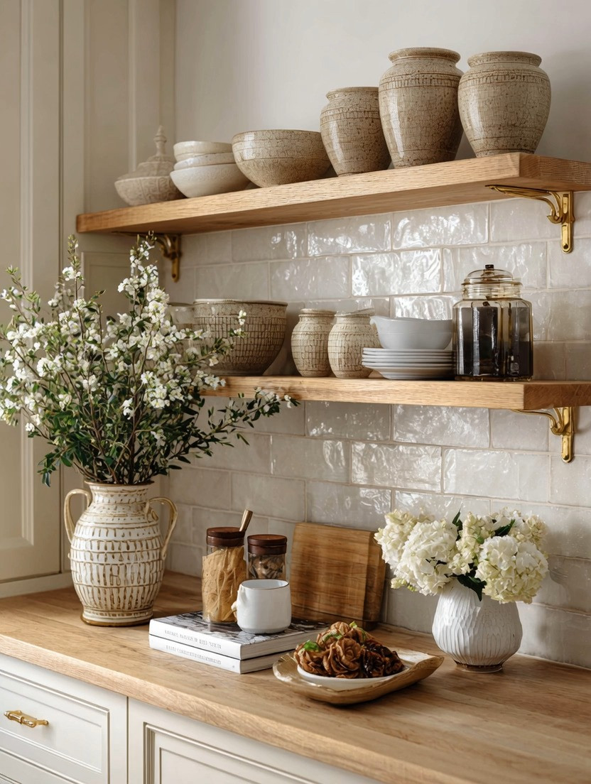 What takes a simple floating shelf from functional to designer-level?
It is never just the shelf. It is always the details.

A natural wooden floating shelf on its own is already beautiful. It brings warmth, texture, and that grounded, organic feeling every kitchen needs. But when you introduce subtle gold brackets, everything changes.

That small detail instantly elevates the entire look.
The gold hardware quietly ties into other finishes in the space, creating cohesion without overpowering it. It feels intentional. Thought-out. Designed.

This is the difference between decorating and designing.

Notice how the shelves do more than just store. They become part of the visual story. Layered ceramics, soft neutrals, a touch of greenery, and suddenly your kitchen feels curated, not cluttered.

And the best part is this kind of upgrade does not require a renovation.
You are not changing your entire kitchen. You are simply refining it.

If your space feels flat, start here.
Add wooden floating shelves. Choose gold brackets. Pay attention to the small finishes.

Because in truly beautiful homes, it is always the smallest details that create the biggest impact.

#KitchenDesign #HomeDecorIdeas #InteriorStyling 

 #LTKHome