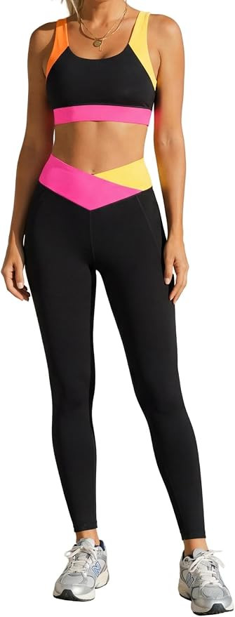 popvil Workout Sets For Women Color Block Sports Bra High Waisted Legging With Pocktes For Athlet... | Amazon (US)