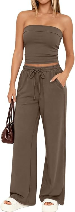 Trendy Queen 2 Piece Lounge Sets for Women Summer Outfits 2026 Spring Fashion Tube Tops Wide Leg ... | Amazon (US)