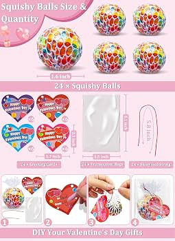 24 Pack Valentines Day Gifts for Kids, Fidget Stress Balls with Valentine Cards Heart Stress Reli... | Amazon (US)
